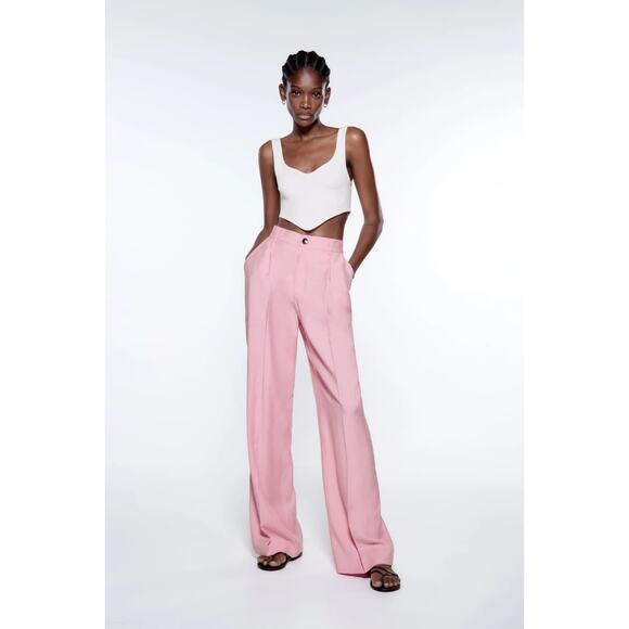 ZARA Women Pleated Wide Leg High Rise Trouser in Pink Size Medium - Picture 1 of 8